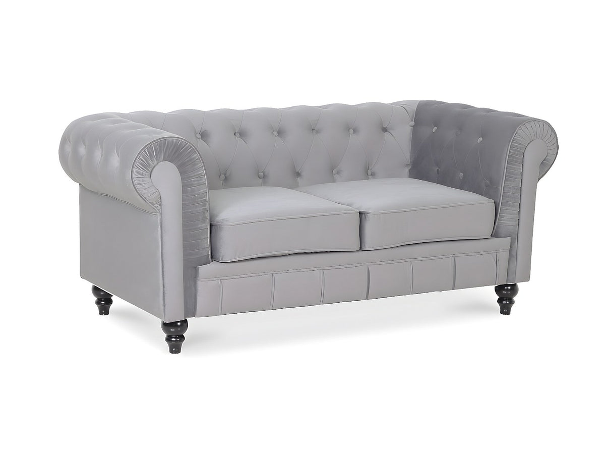Vue d'ensemble du canapé chesterfield ALTESSE 2 places en velours argenté