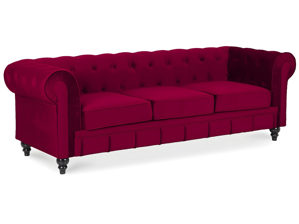 Vue d'ensemble du canapé chesterfield ALTESSE 3 places en velours rouge