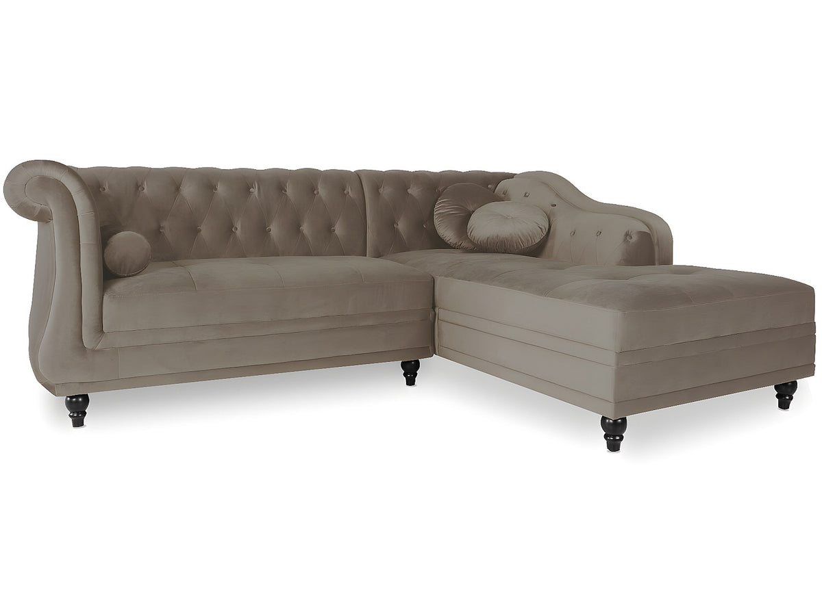 Capitonnage du canapé d'angle chesterfield EMPIRE en velours taupe