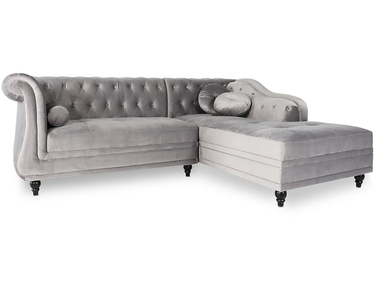 Capitonnage du canapé d'angle chesterfield EMPIRE en velours argenté
