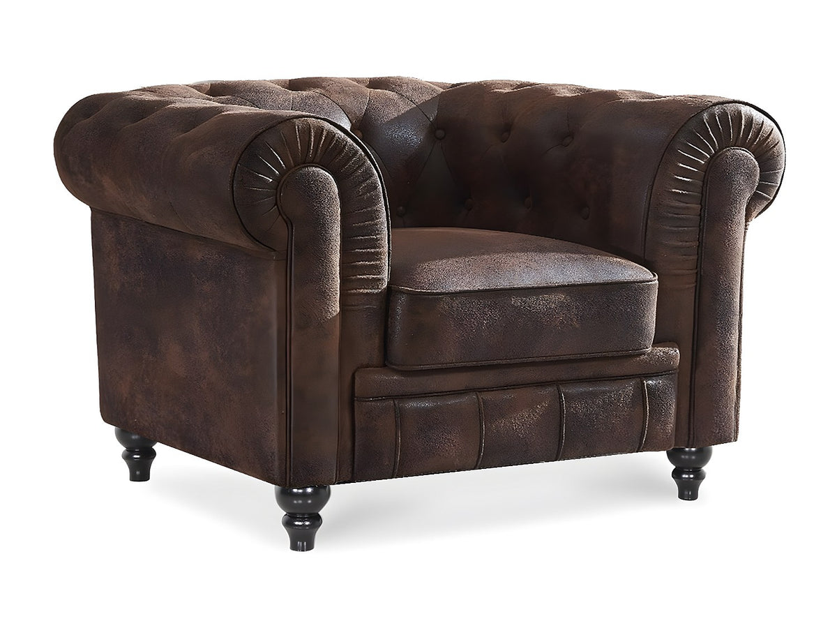 Vue d'ensemble du fauteuil chesterfield vintage NASH marron capitonné