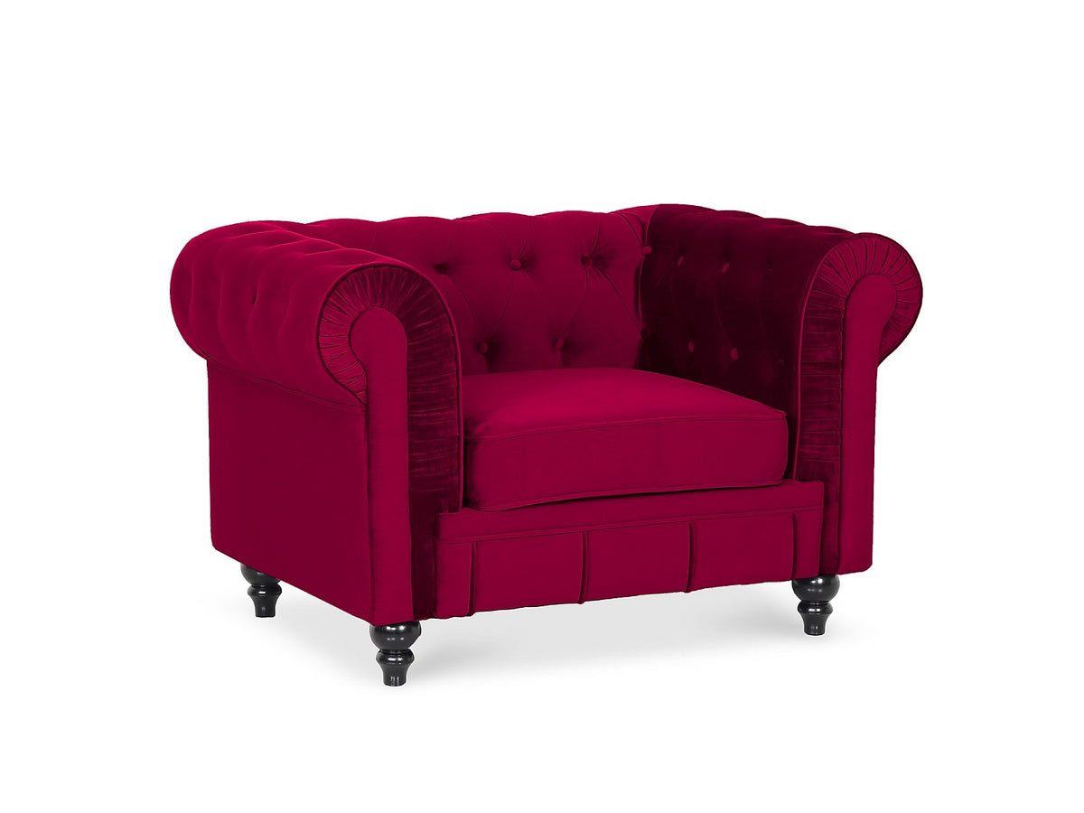 Vue d'ensemble du fauteuil chesterfield ALTESSE en velours rouge