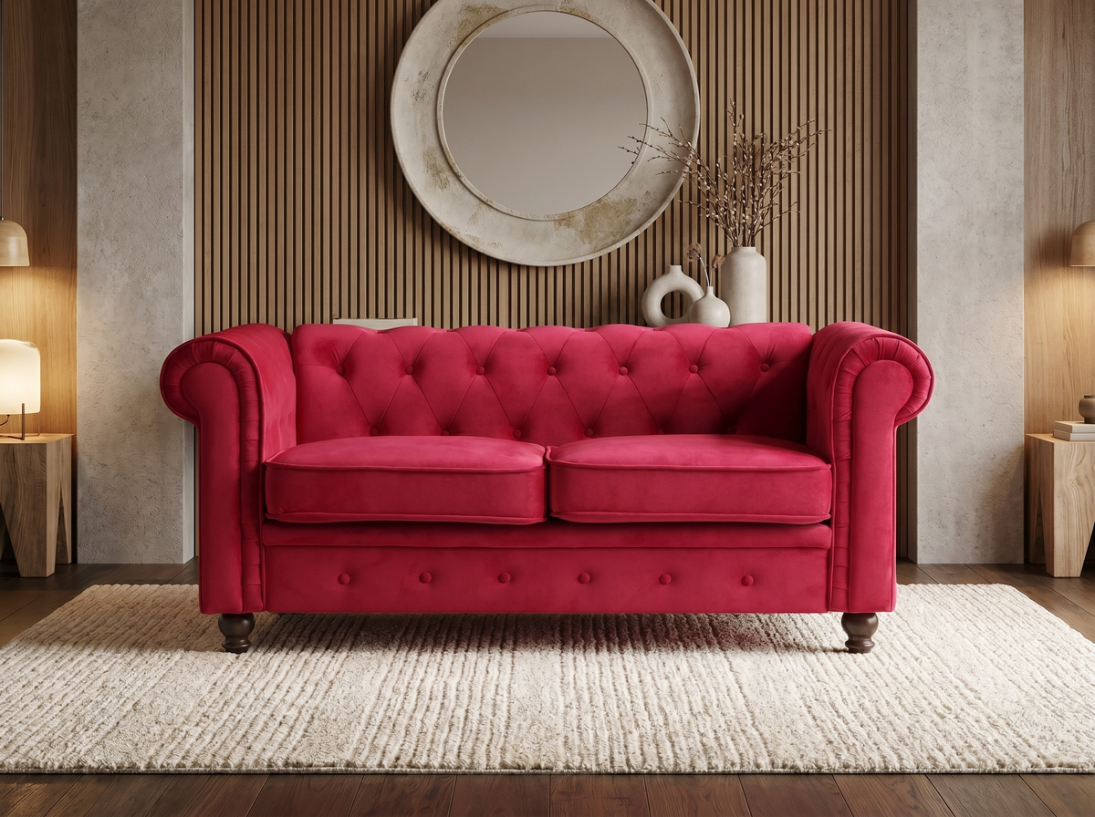 Grand canapé chesterfield 2 places en velours rouge - WINDSOR