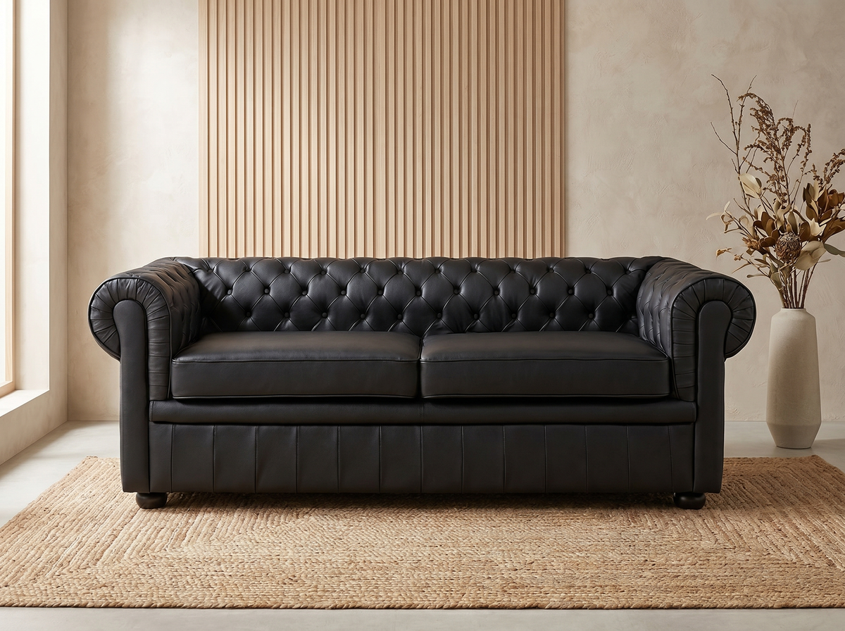 Canapé chesterfield 3 places en cuir noir - DOVER
