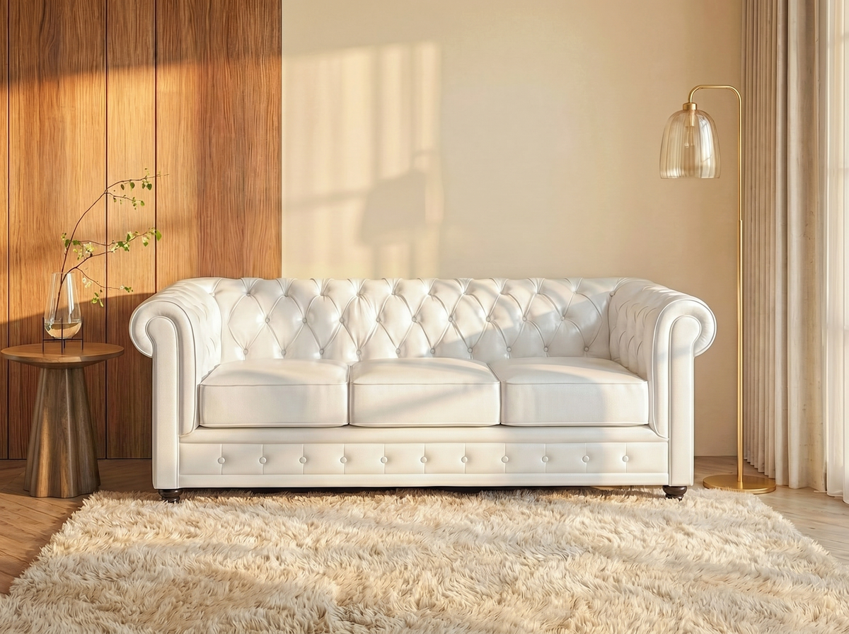 Canapé chesterfield 3 places en simili cuir blanc - IRVING