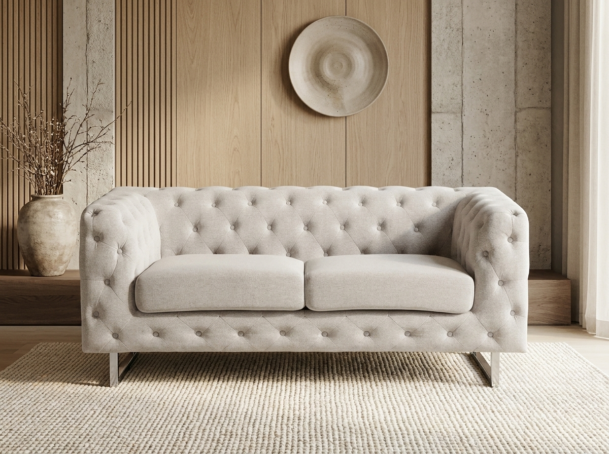 Canapé chesterfield contemporain 2 places en coton beige - VISSLAND
