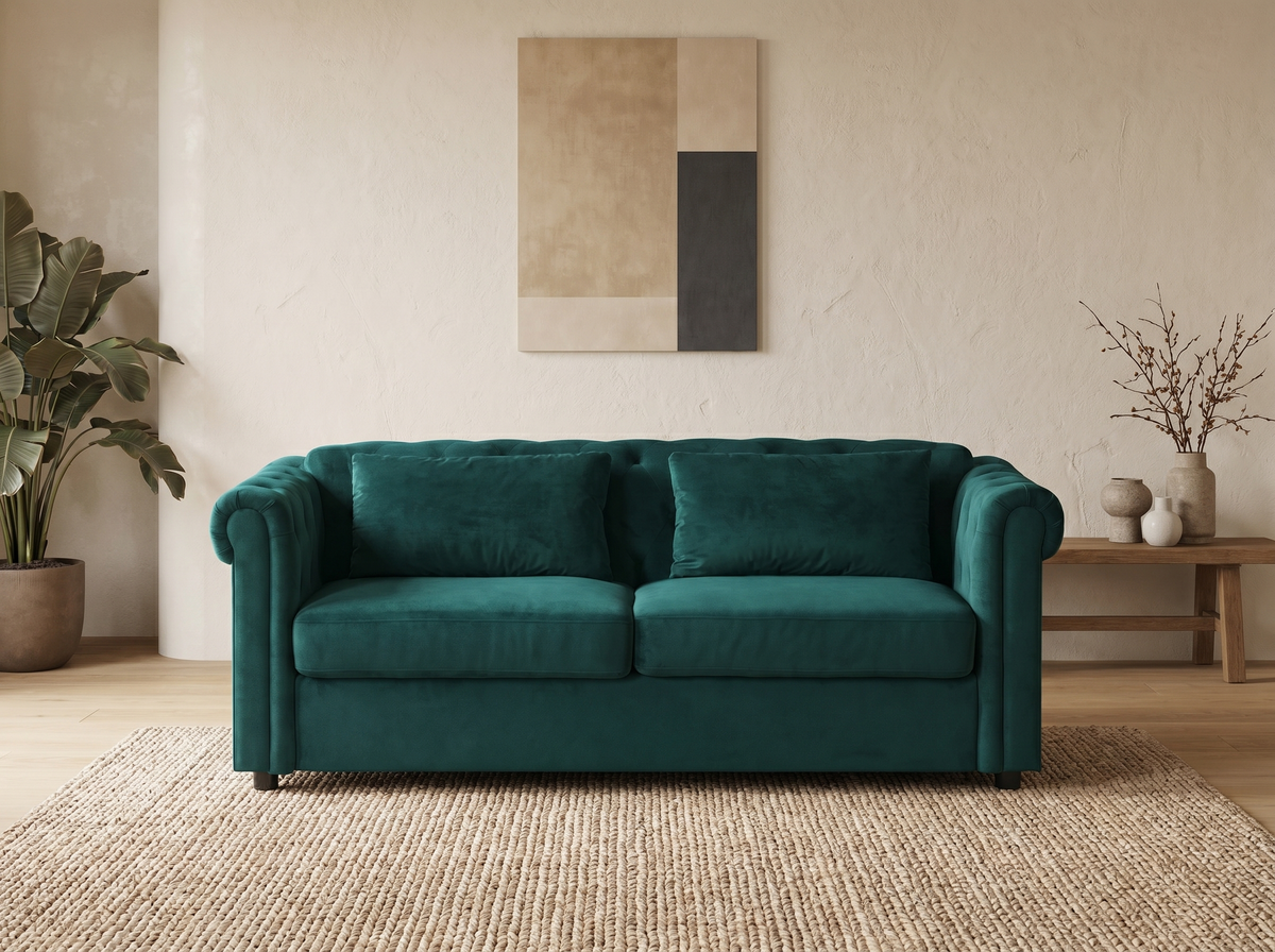Canapé chesterfield convertible 3 places en velours vert foncé - FARADAY