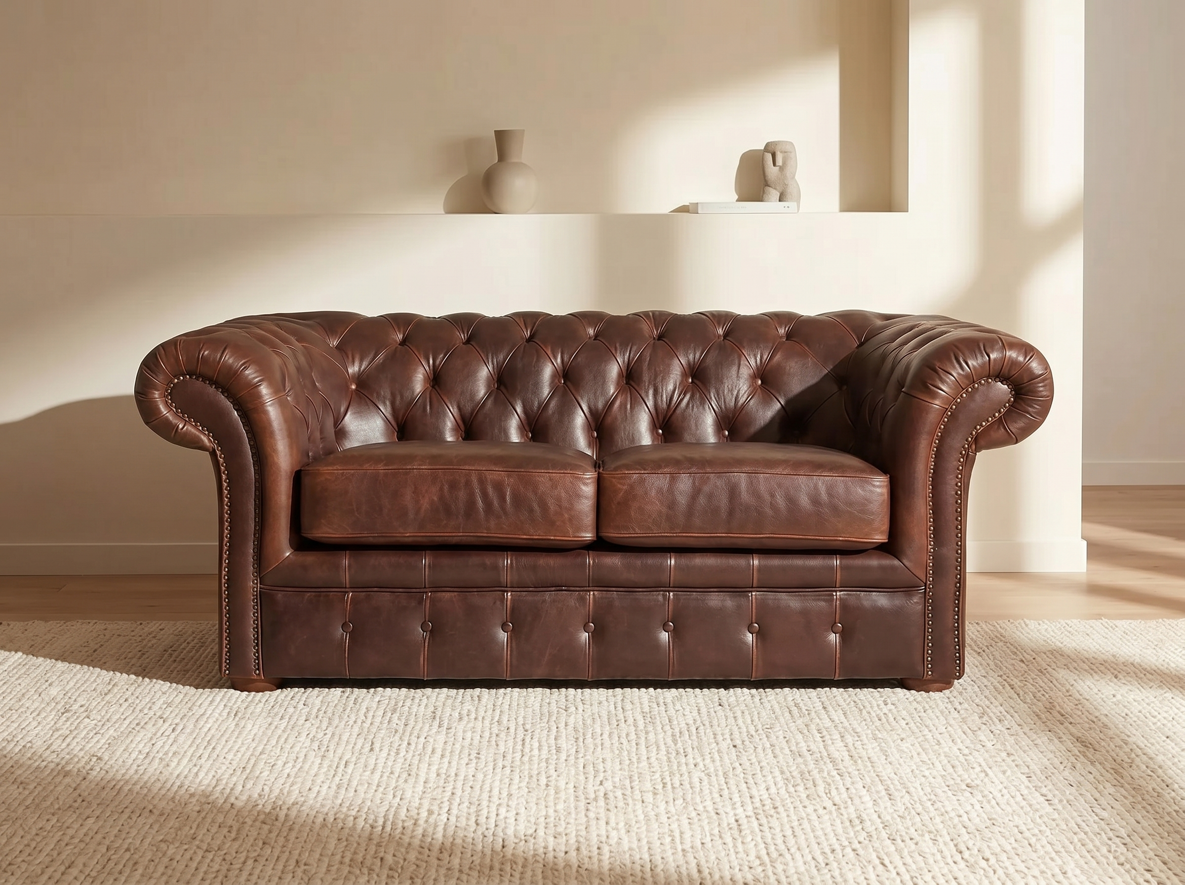 Canapé chesterfield 2 places en cuir vieilli marron chocolat - CLOTAIRE