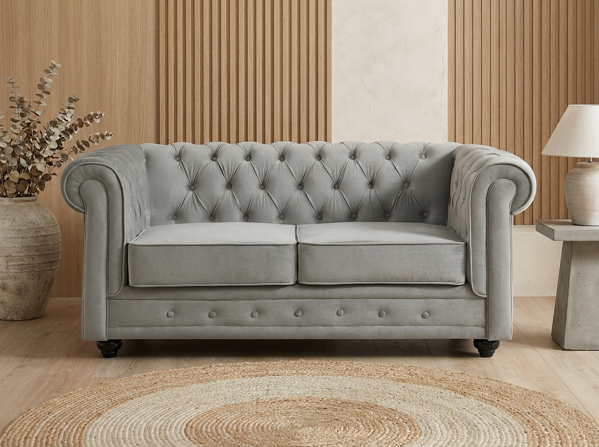 Canapé chesterfield 2 places en velours gris clair - HAMPSTEAD