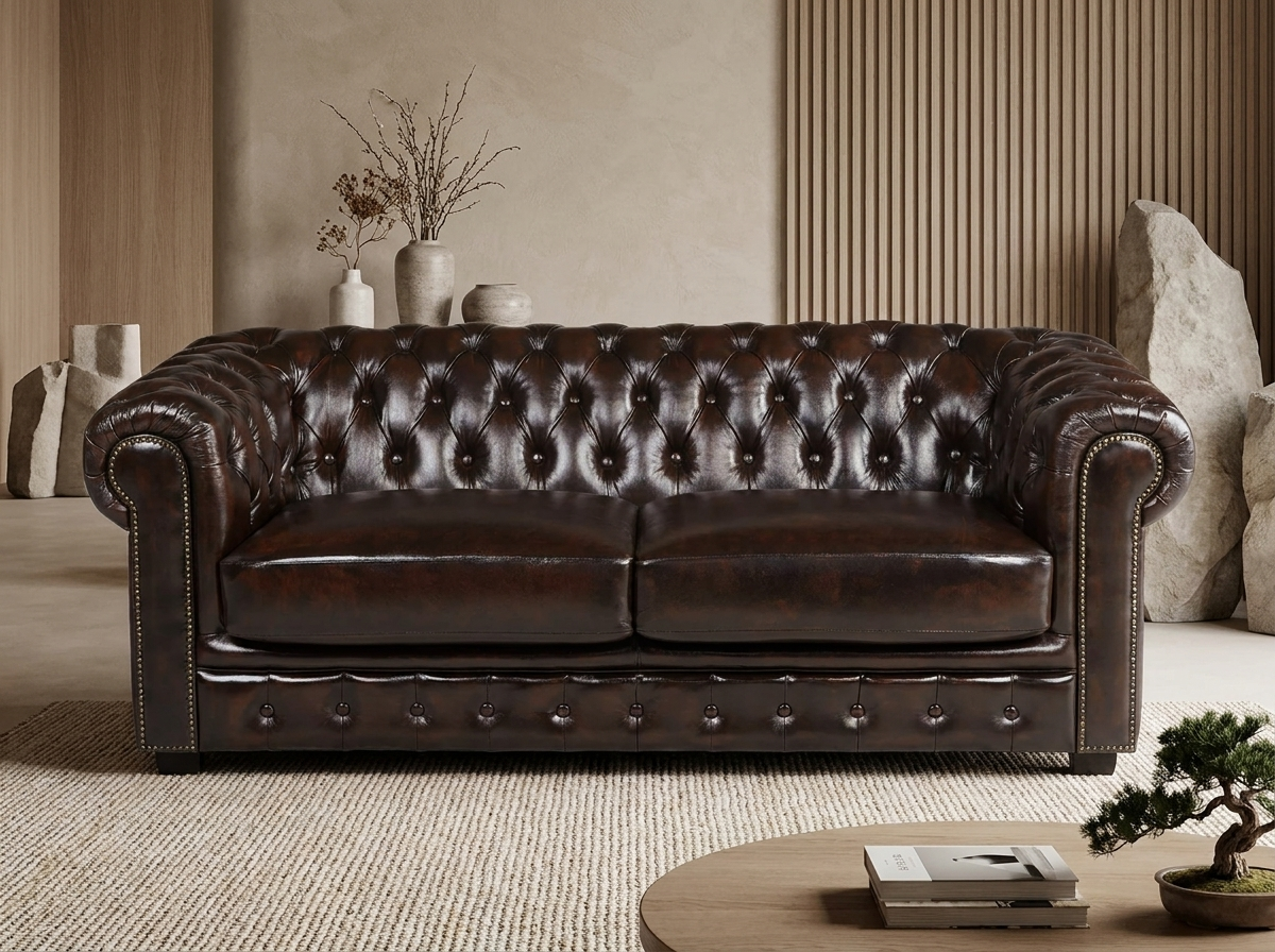Canapé chesterfield 3 places en cuir de buffle marron chocolat - BRENTON