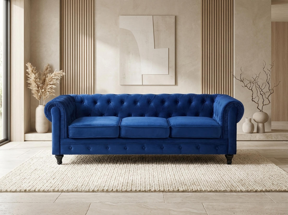 Canapé chesterfield 3 places en velours bleu cobalt - ONSLOW