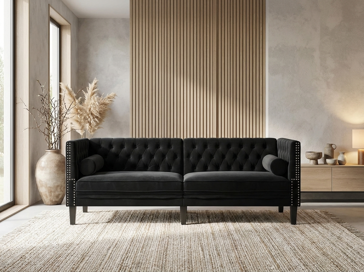 Canapé chesterfield avec traversins 3 places en velours noir - OSBORNE