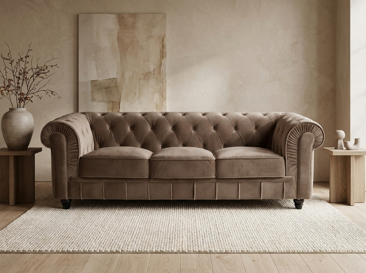 Grand canapé chesterfield 3 places en velours taupe - WINDSOR