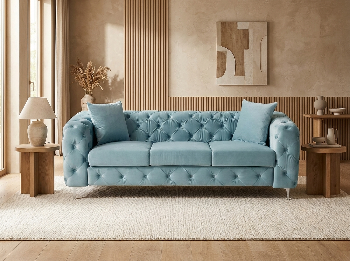 Canapé Chesterfield 3 Places en Velours Bleu Ciel - EDWINA