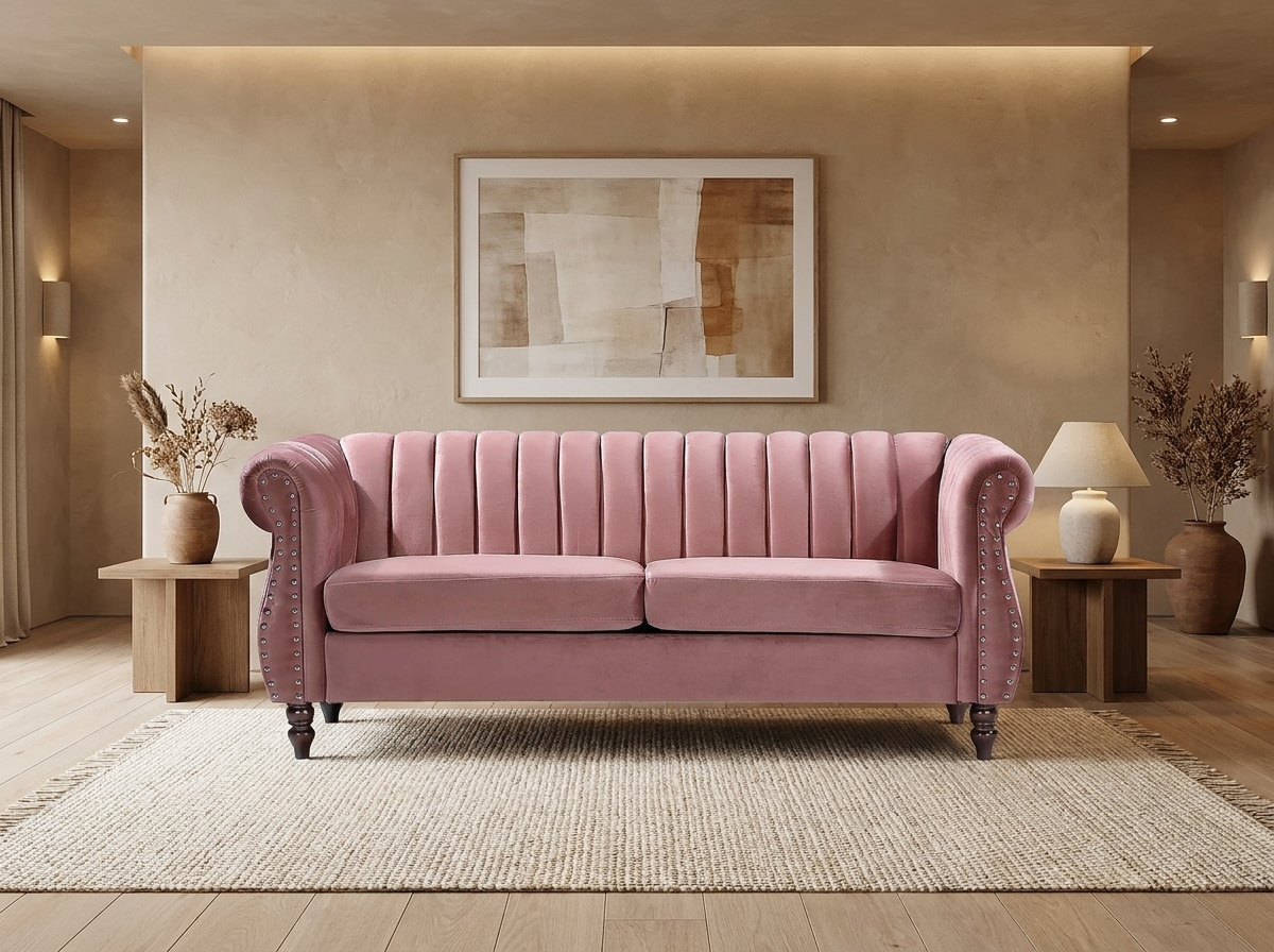 Canape Chesterfield 3 Places en Velours Rose Poudré - TRUMBO