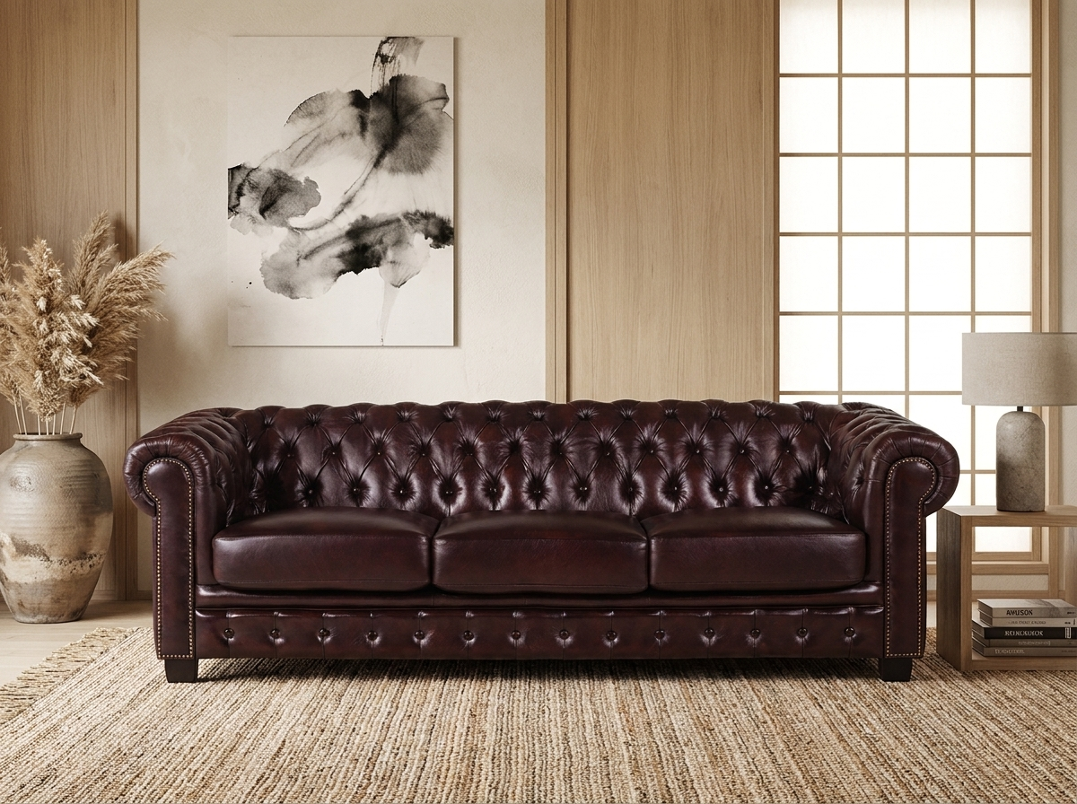 Canapé chesterfield 4 places en cuir de buffle bordeaux - BRENTON