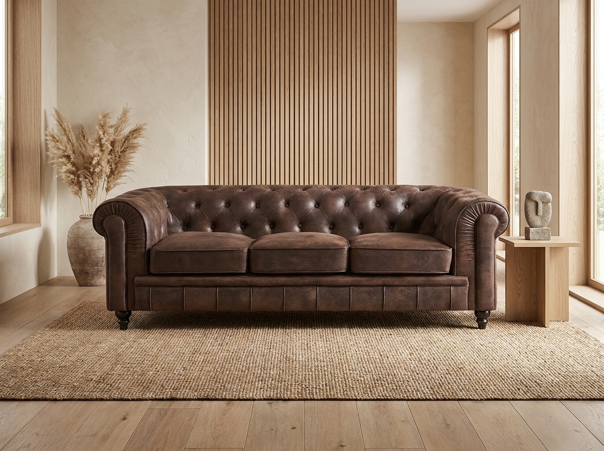 Canapé chesterfield vintage 3 places en simili cuir marron - EPSOM