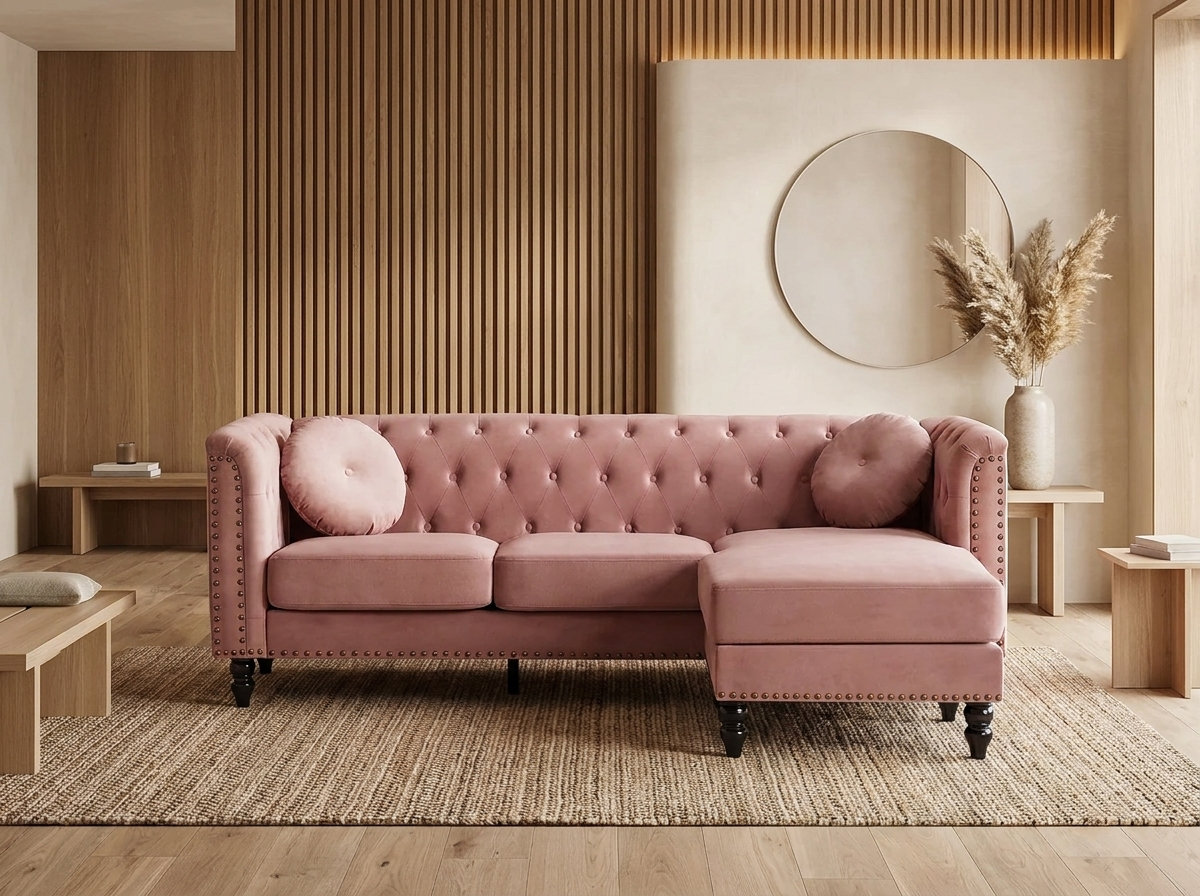 Canapé d'angle chesterfield 4 places en velours rose - TURNER