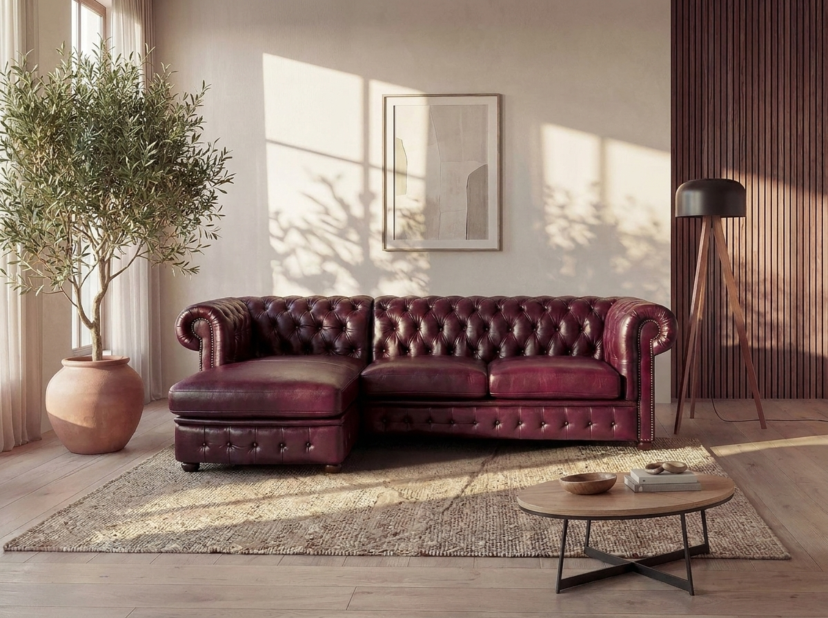 Canapé d'angle gauche chesterfield 5 places en cuir de buffle bordeaux - BRENTON