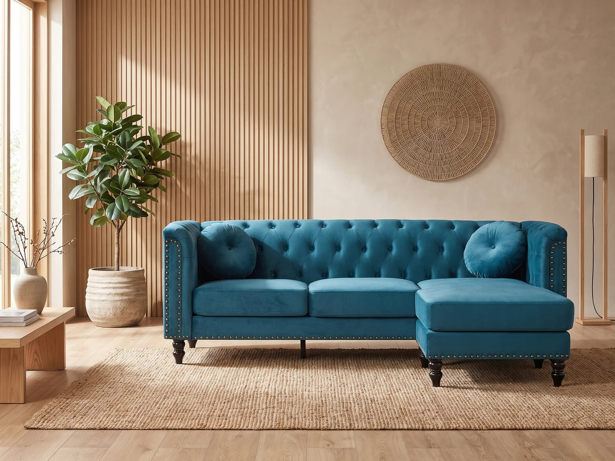 Canapé d'angle Chesterfield 4 places en velours bleu canard TURNER dans un salon japandi moderne aux tons beige et bois clair