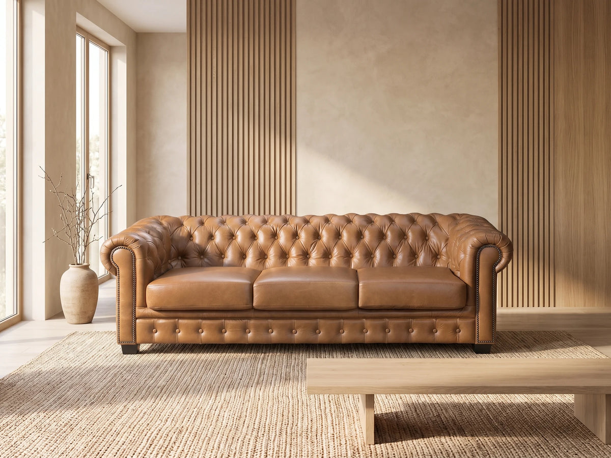 Canapé Chesterfield vintage 4 places en cuir de buffle camel BRENTON dans un salon japandi moderne aux tons beige et bois clair