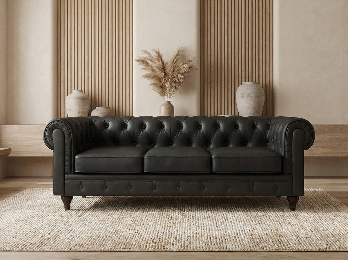 Canapé chesterfield 3 places en simili cuir noir - ALIZA