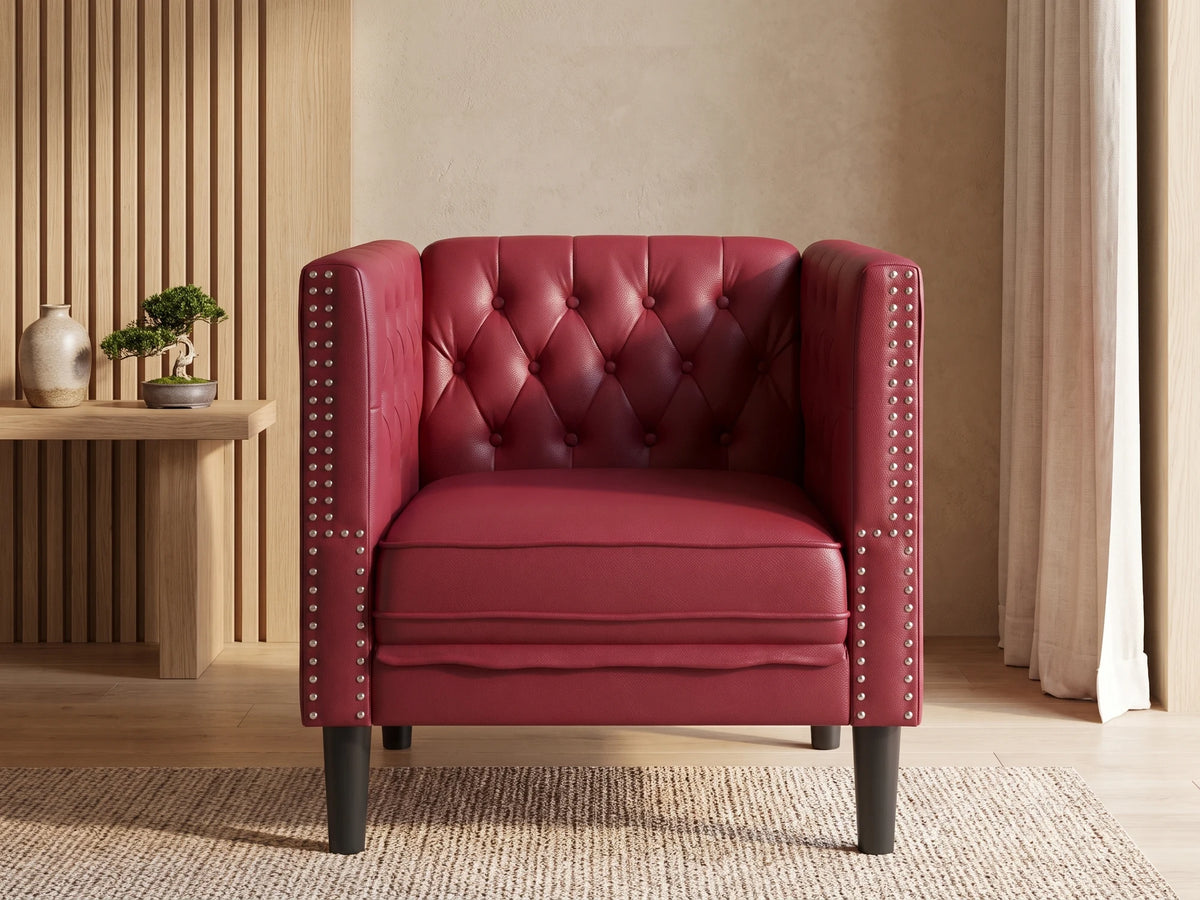 Fauteuil Chesterfield 1 place en simili cuir rouge bordeaux IRWIN dans un salon japandi moderne aux tons beige et bois clair