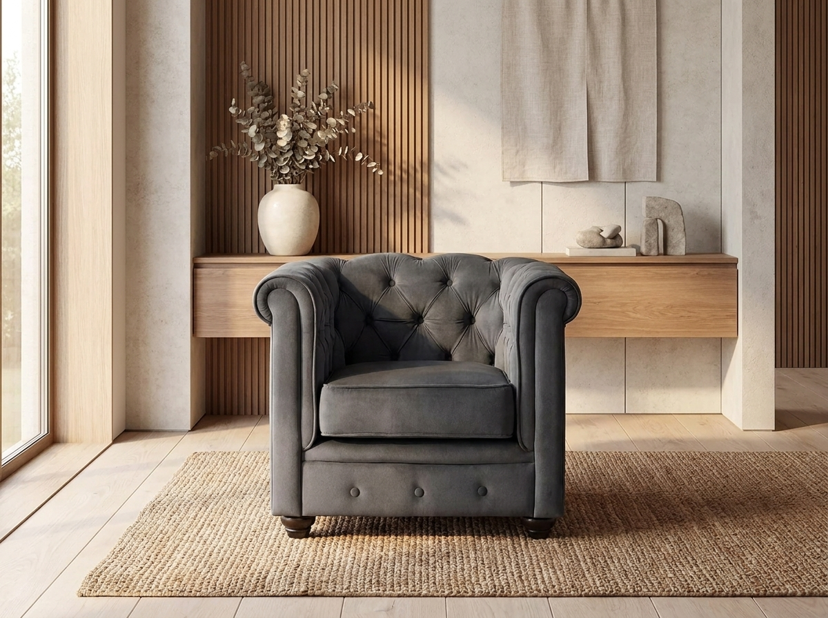 Fauteuil chesterfield 1 place en velours gris anthracite - EASTON