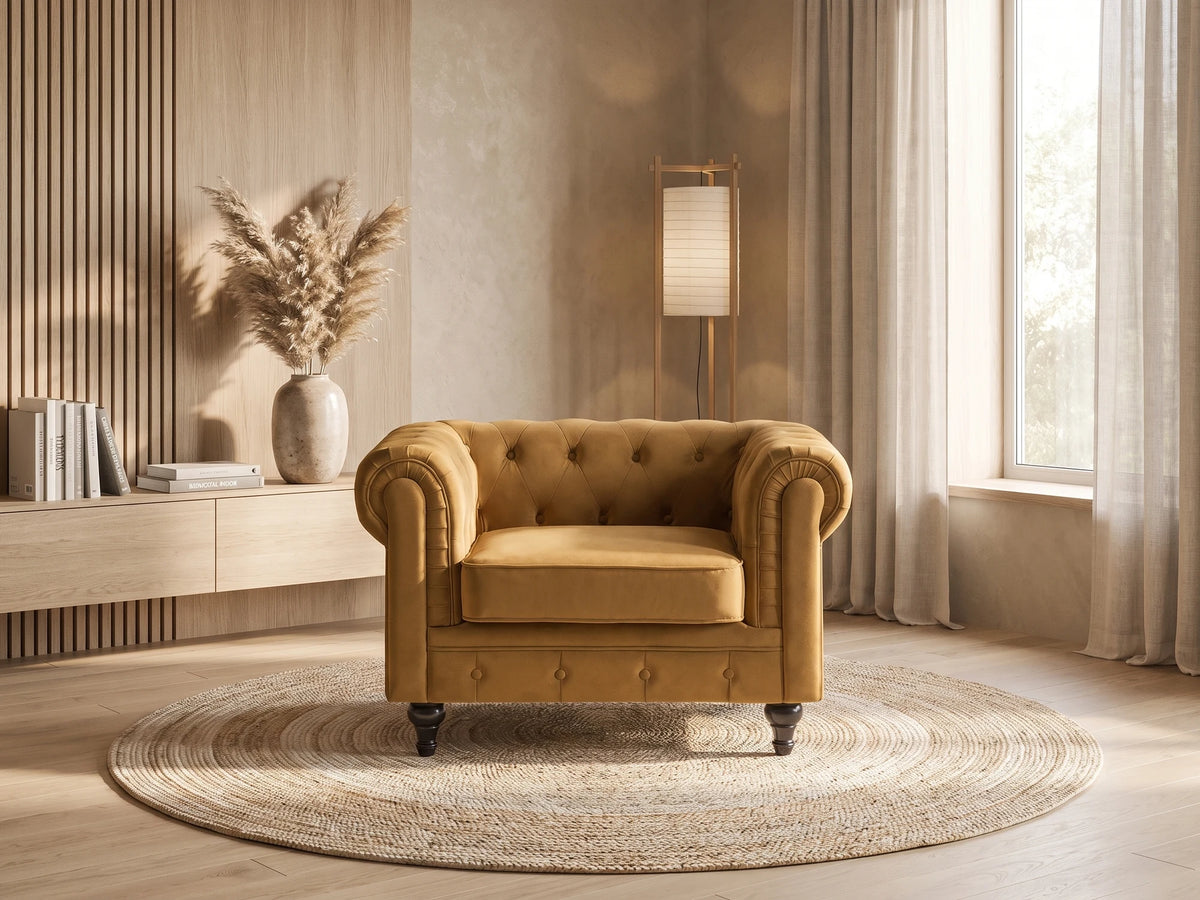 Fauteuil Chesterfield 1 place en velours jaune moutarde HUXLEY dans un salon japandi moderne aux tons beige et bois clair