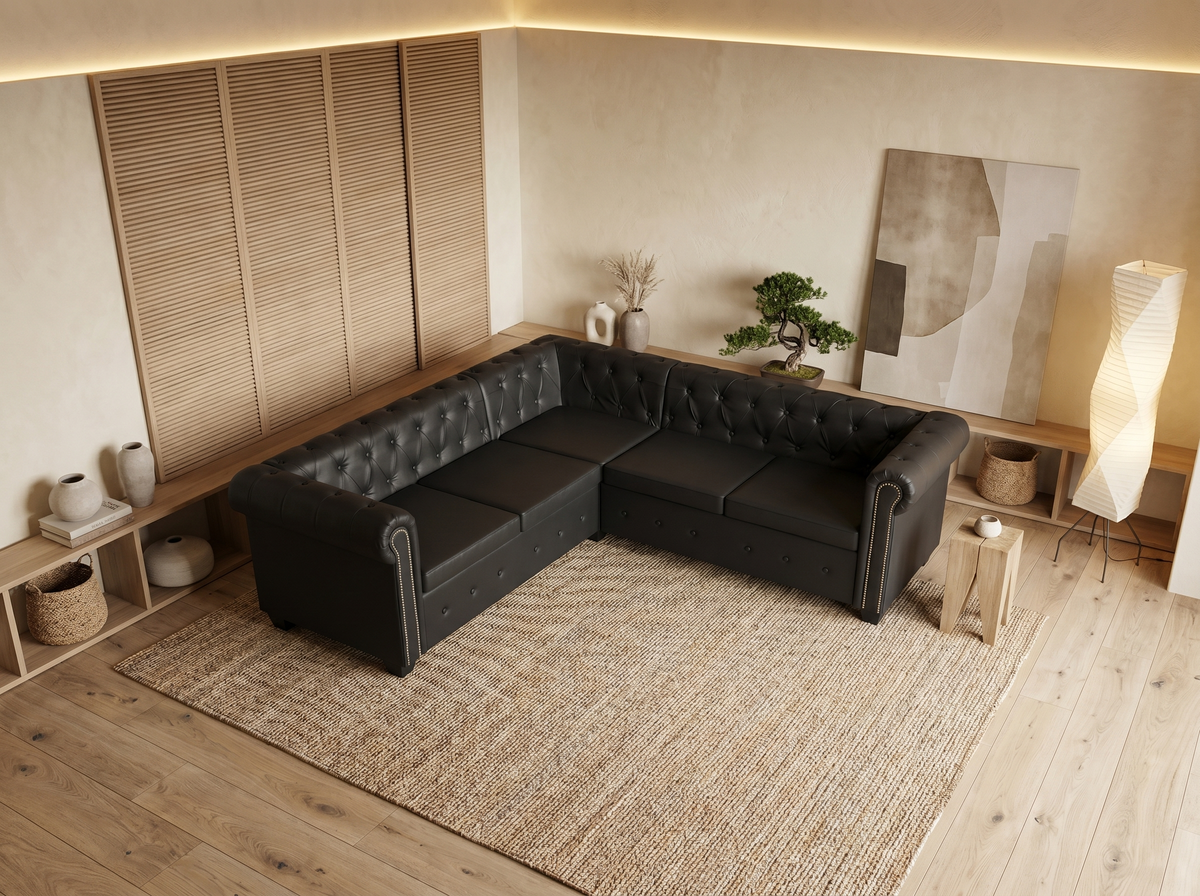 Capitonnage clouté du canapé d'angle chesterfield ROCHAMBEAU noir
