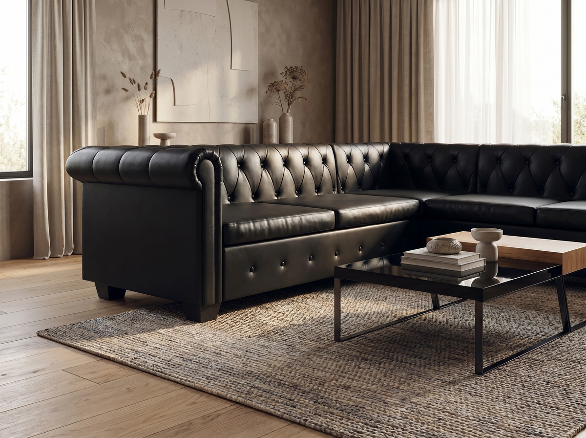 Détail du simili cuir noir du canapé chesterfield ROCHAMBEAU