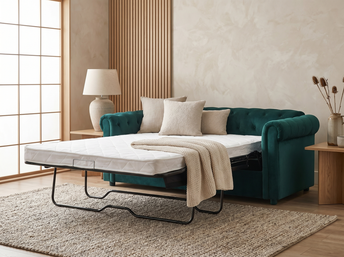 Capitonnage du canapé chesterfield convertible FARADAY velours vert