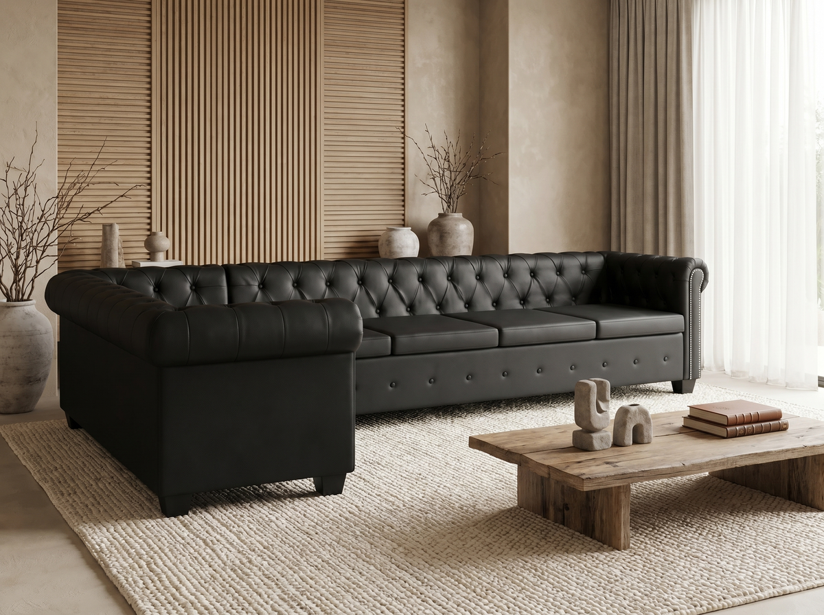 Capitonnage du canapé d'angle chesterfield HAMPTON noir
