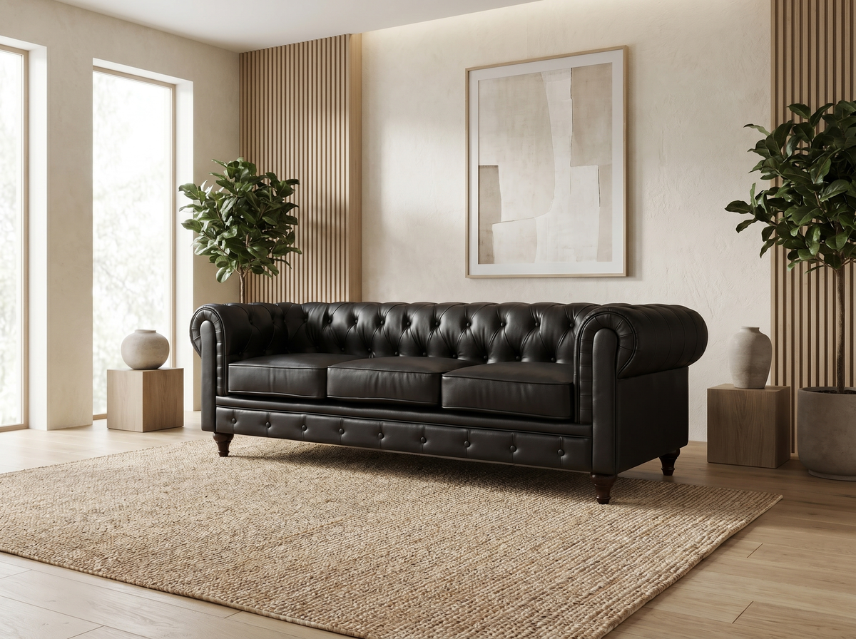 Vue d'ensemble du canapé chesterfield ALIZA 3 places en tissu marron