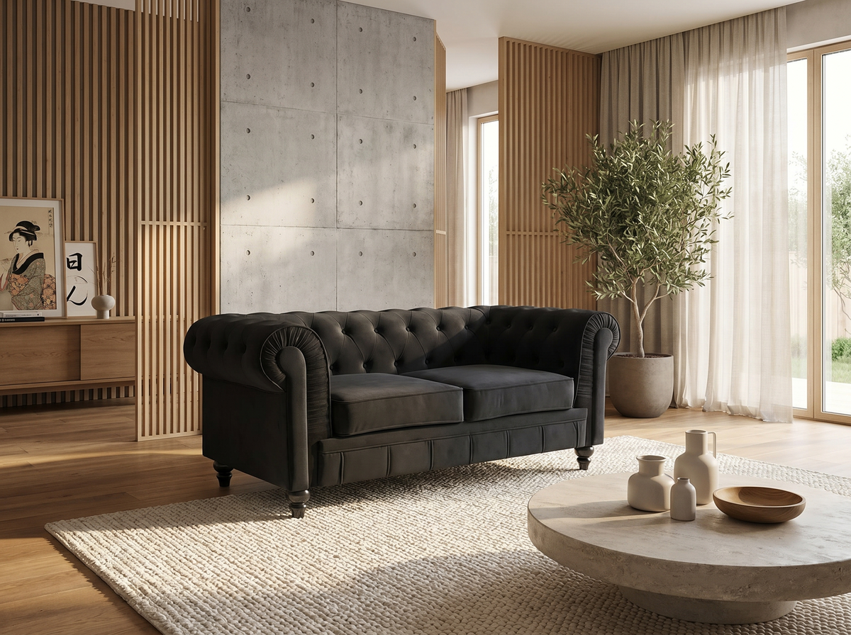 Détail du velours noir du canapé chesterfield ALTESSE