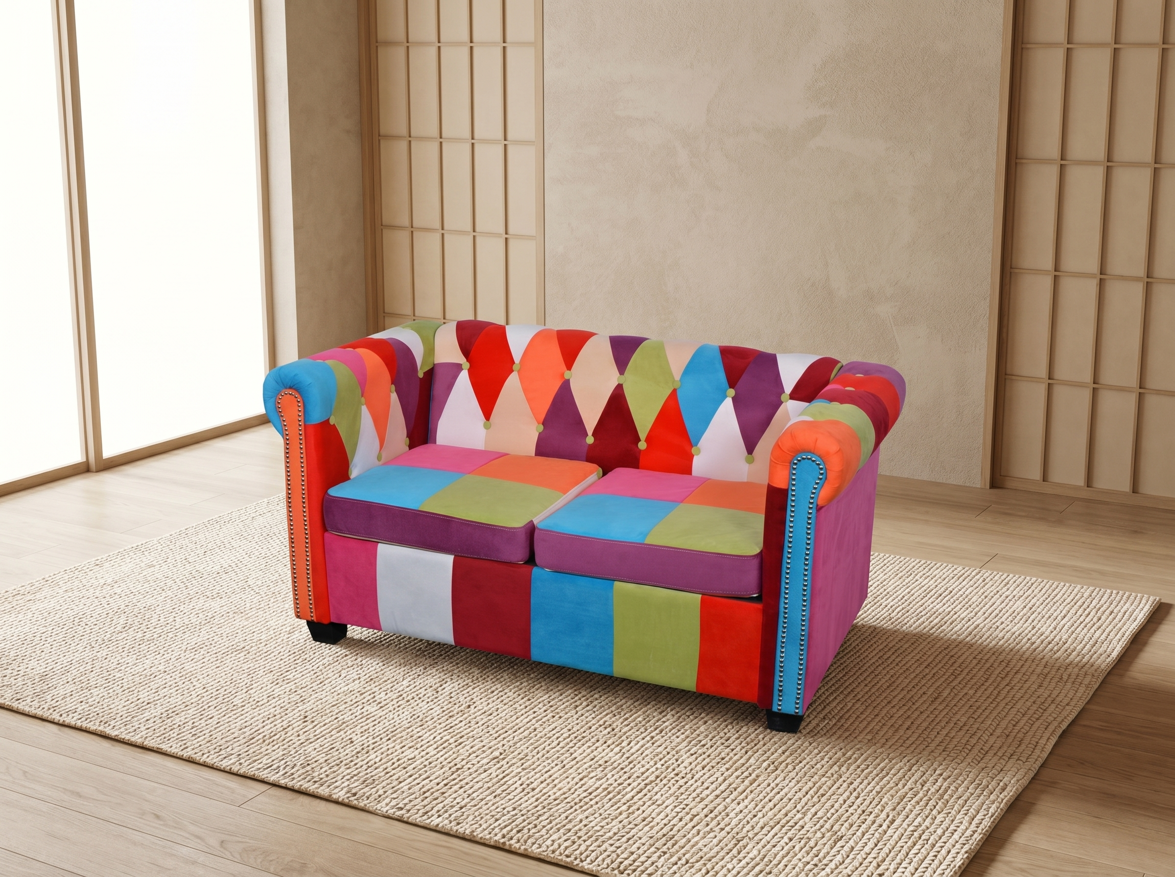 Canapé chesterfield OXFORD patchwork dans un salon coloré