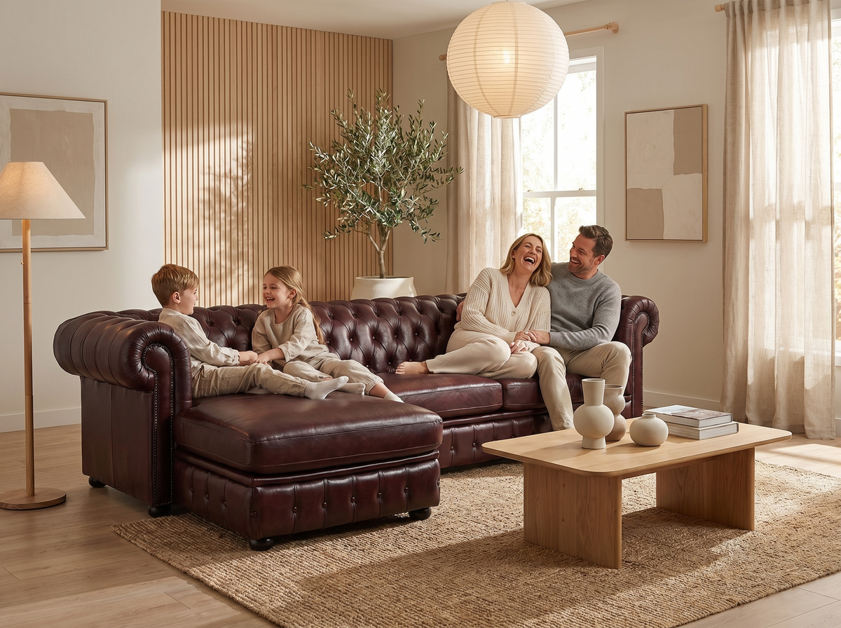 Capitonnage en losanges du canapé d'angle chesterfield BRENTON marron chocolat