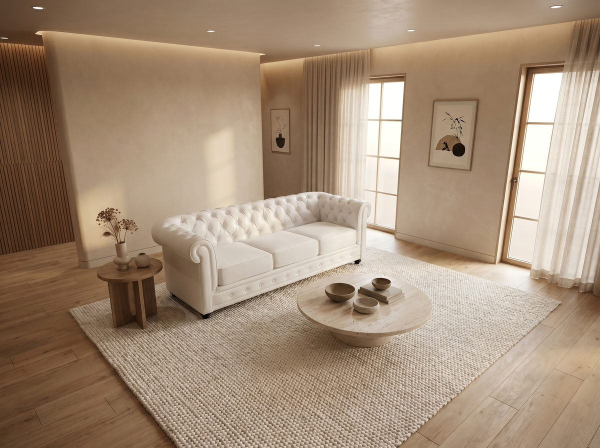 Vue d'ensemble du canapé chesterfield IRVING 3 places simili blanc