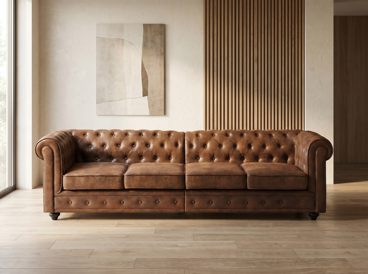 Vue d'ensemble du canapé chesterfield CARLTON 4 places microfibre marron