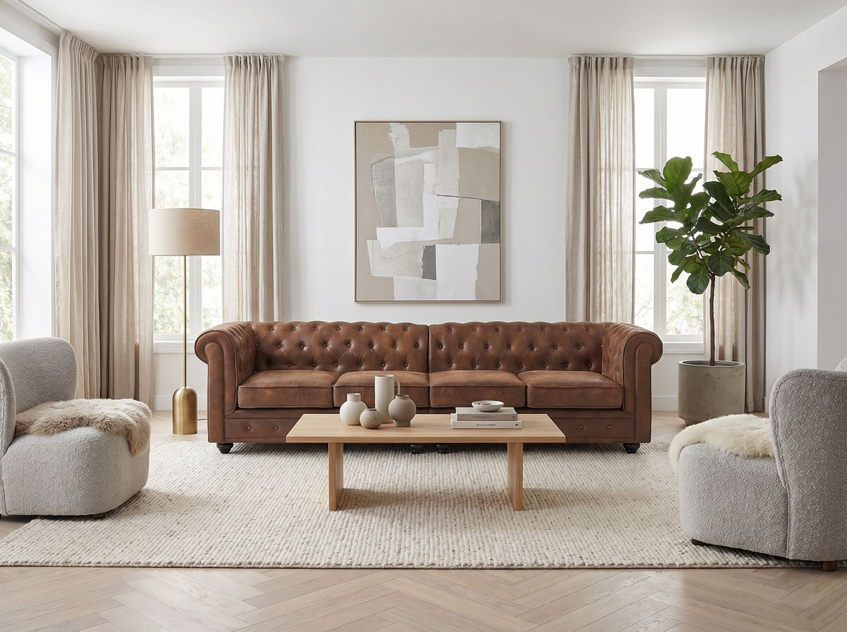 Canapé chesterfield CARLTON microfibre marron dans un salon industriel