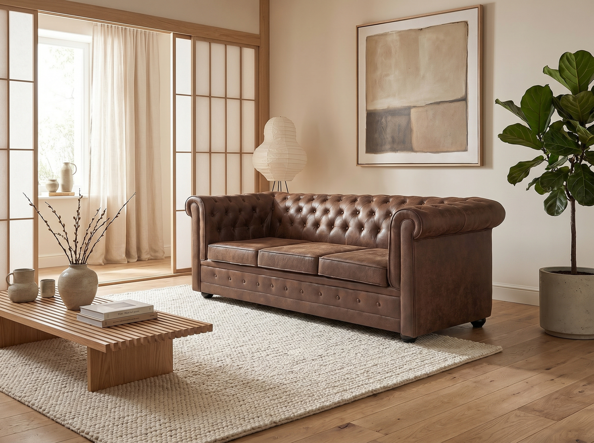 Vue d'ensemble du canapé chesterfield convertible CARLTON 3 places marron