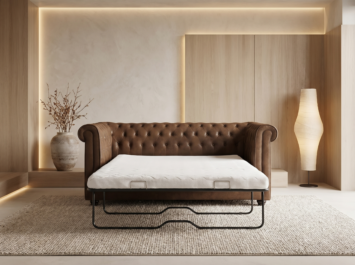 Couchage du canapé convertible chesterfield CARLTON microfibre marron