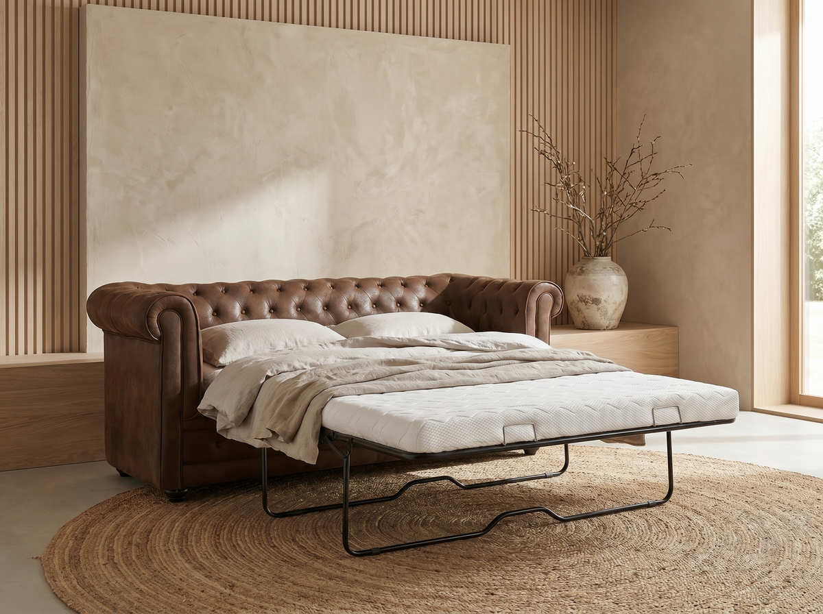 Canapé chesterfield CARLTON convertible ouvert en couchage quotidien