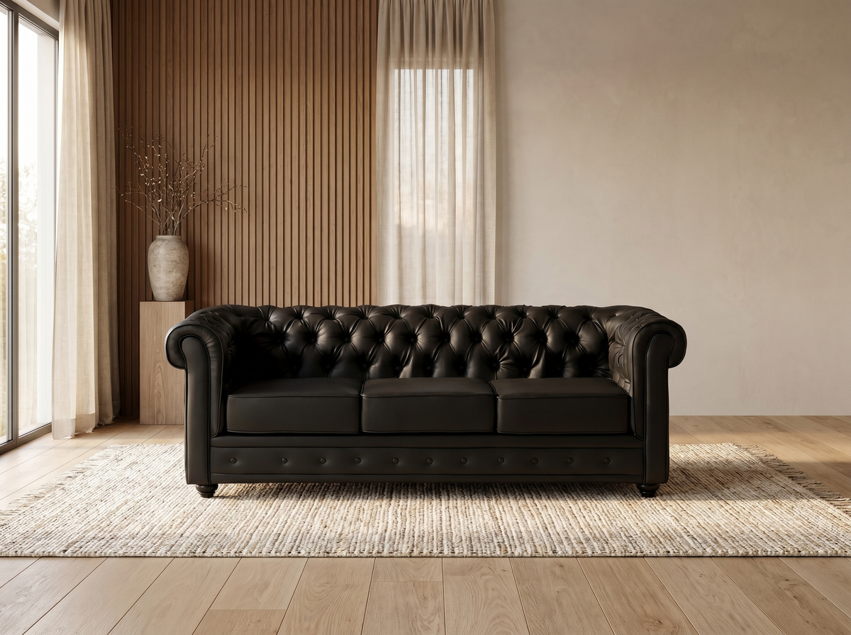 Canapé chesterfield 3 places en simili cuir noir - IRVING