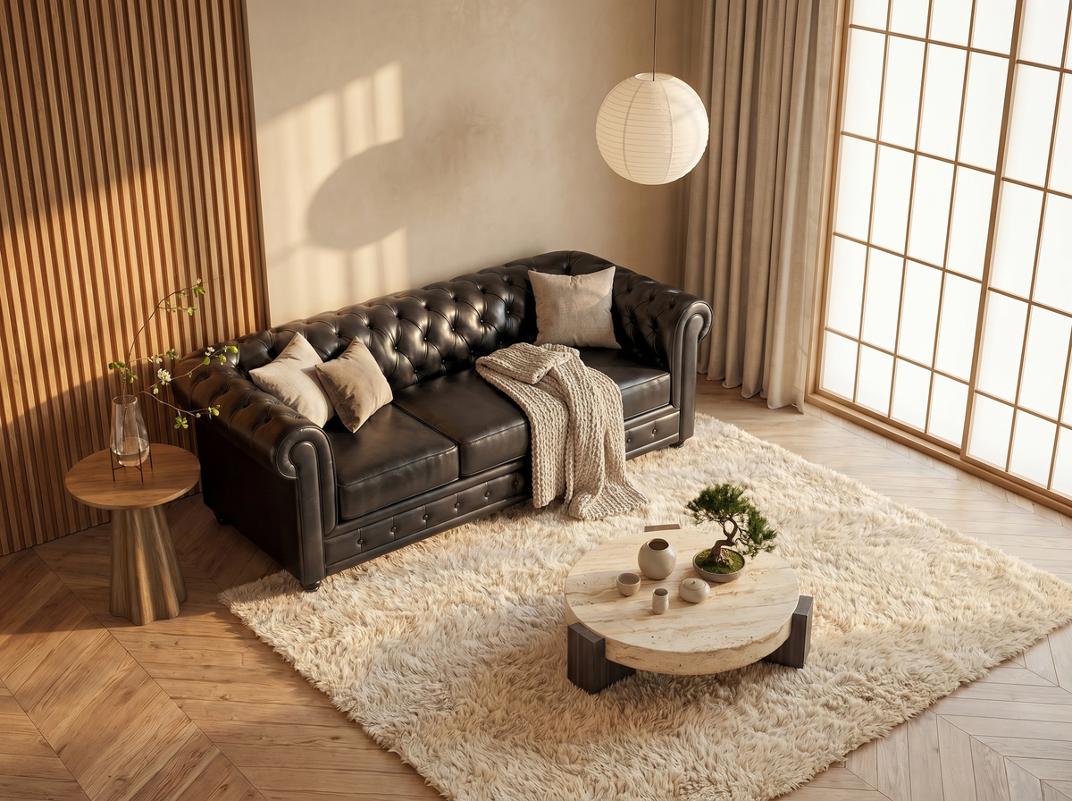 Accoudoirs roulés du canapé chesterfield IRVING en simili cuir noir