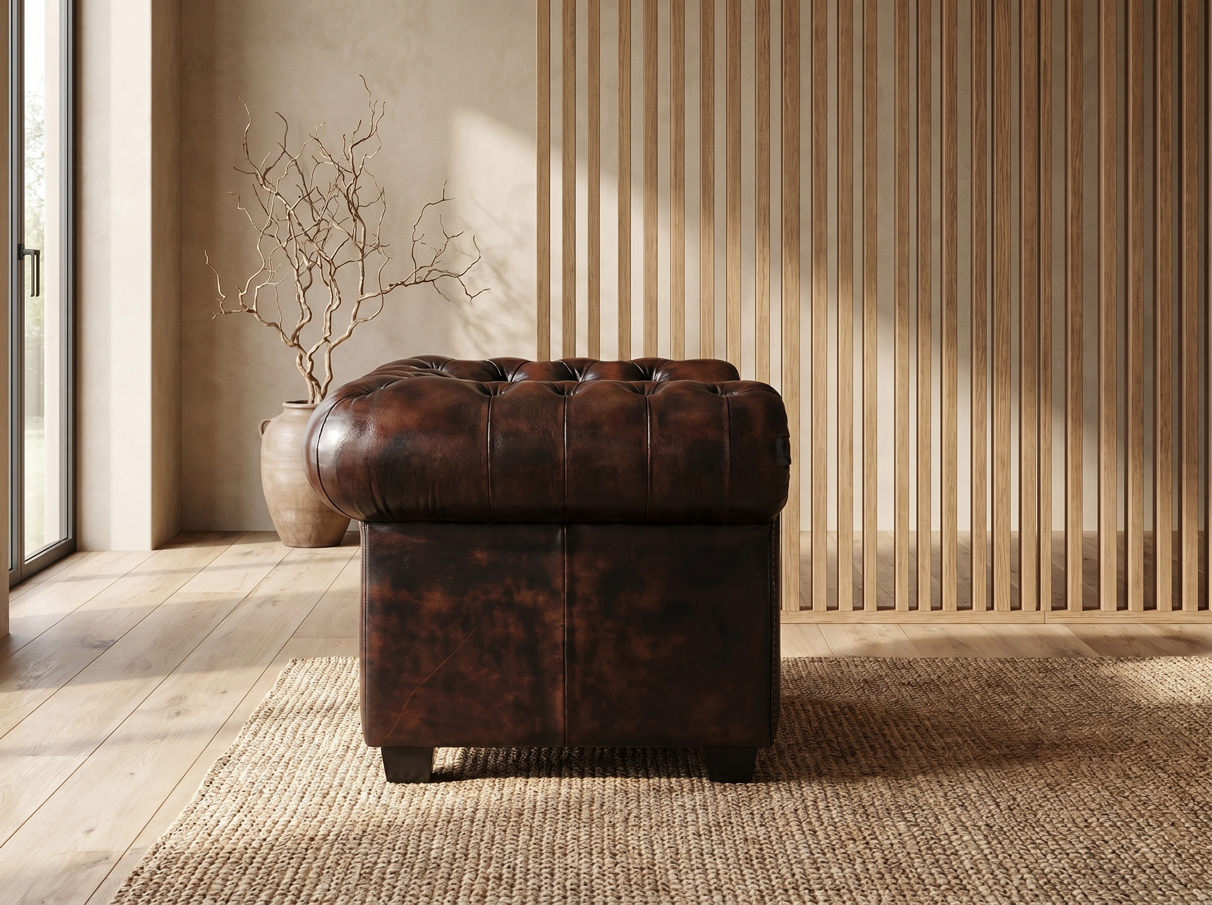 Détail du cuir de buffle pleine fleur du fauteuil chesterfield BRENTON