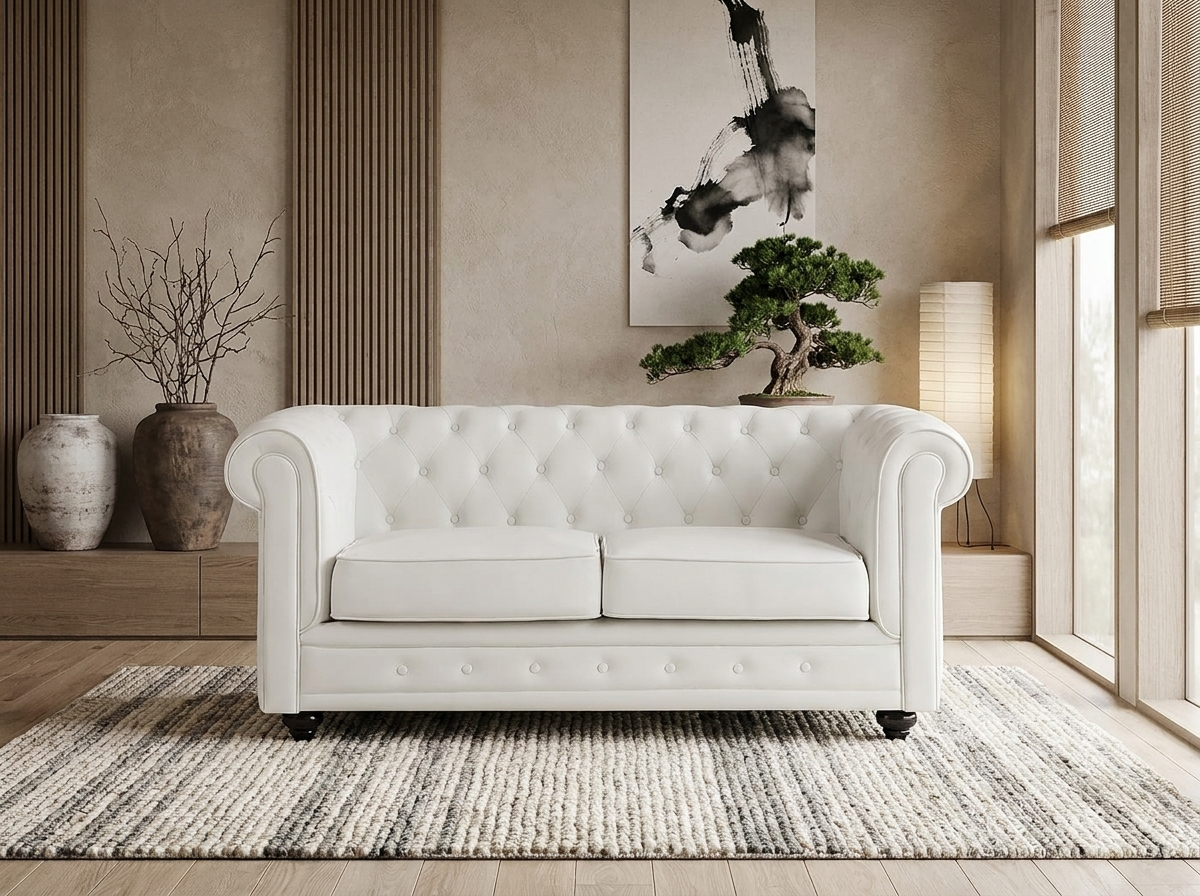Canapé chesterfield 2 places en simili cuir blanc - IRVING