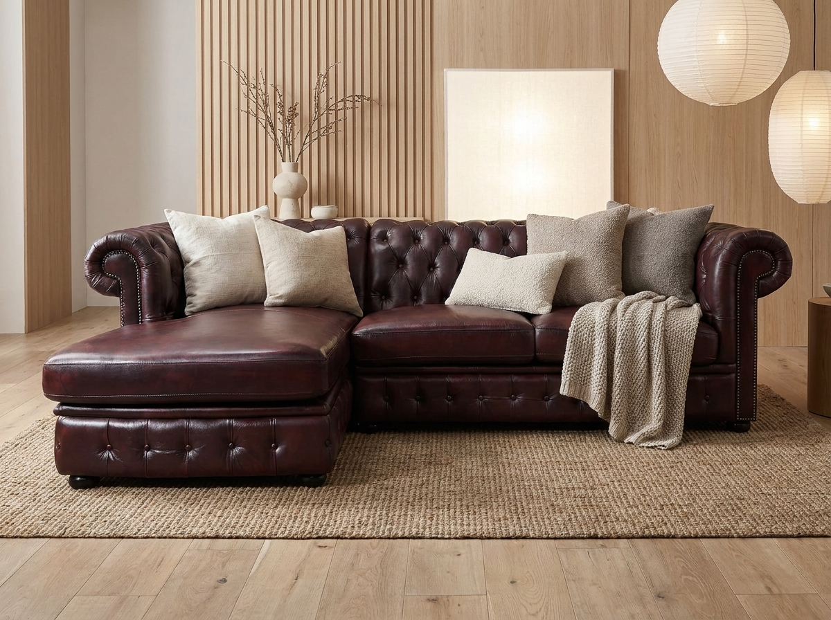 Vue d'ensemble du canapé d'angle gauche chesterfield BRENTON bordeaux