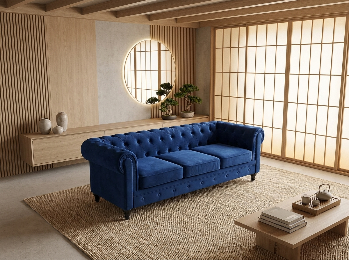 Accoudoirs arrondis du canapé chesterfield ONSLOW bleu cobalt