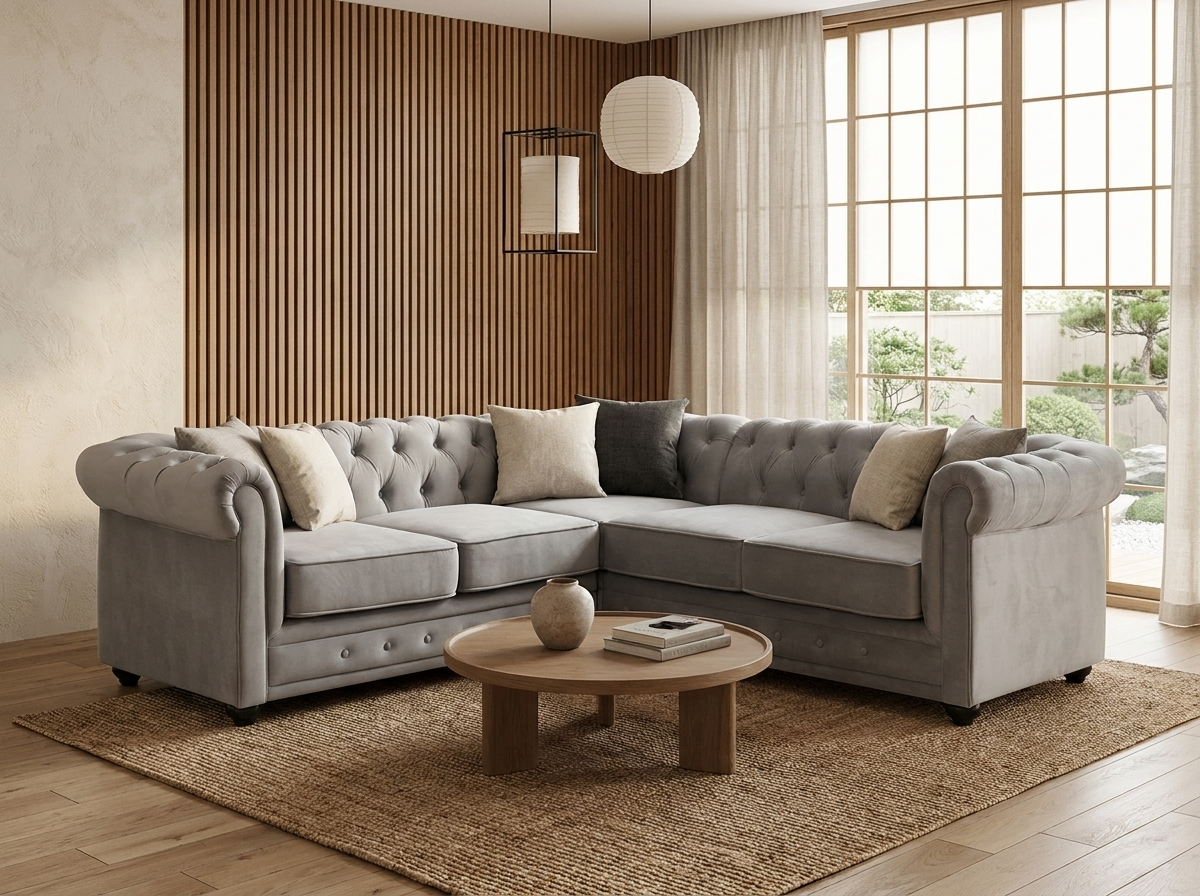 Capitonnage du canapé d'angle chesterfield LAWTON velours gris clair